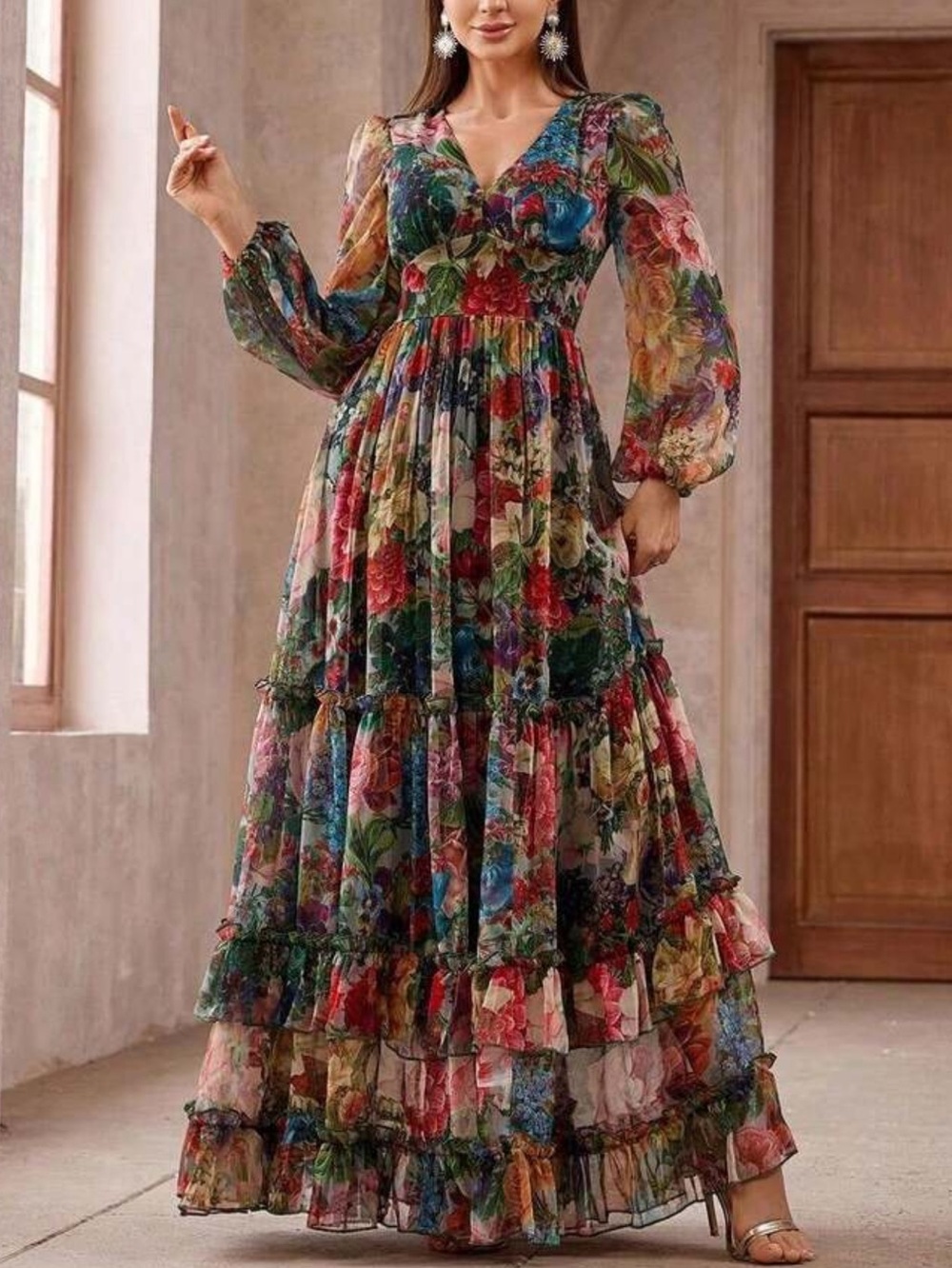Bohemian Floral Tiered Maxi Dress - Multicolor